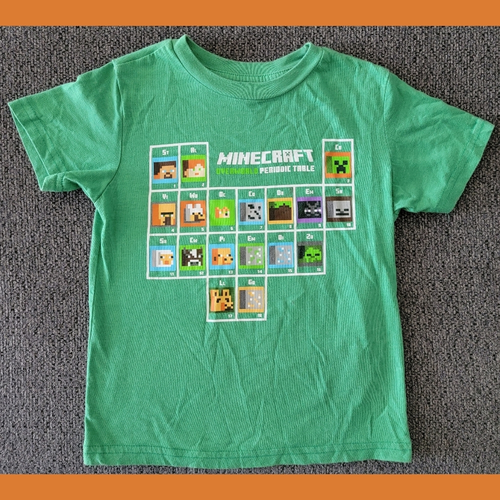 Kids Boys Size XS Official Minecraft Green Periodic Table Short Sleeve T-shirt